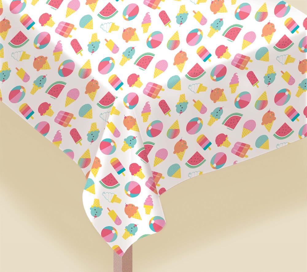 White rectangular tablecover with colorful summer icons like ice cream cones, popsicles, pineapples, watermelon, and flowers.