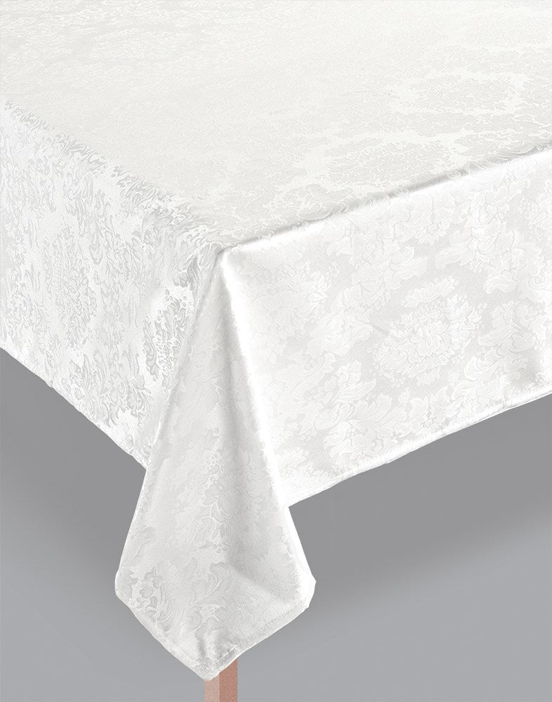 White damask fabric tablecover with floral embossed pattern, rectangular 60x84 inch.