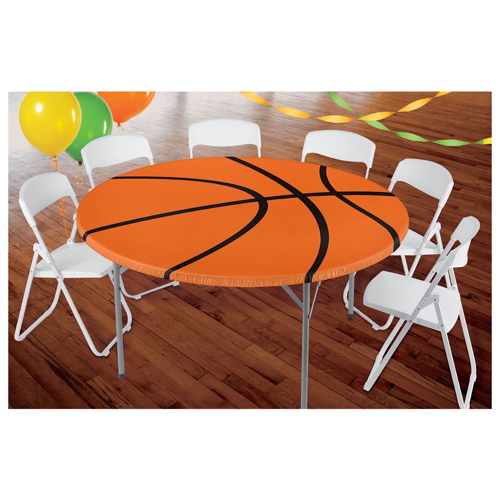 60-inch round tablecover designed as an orange basketball with black lines.