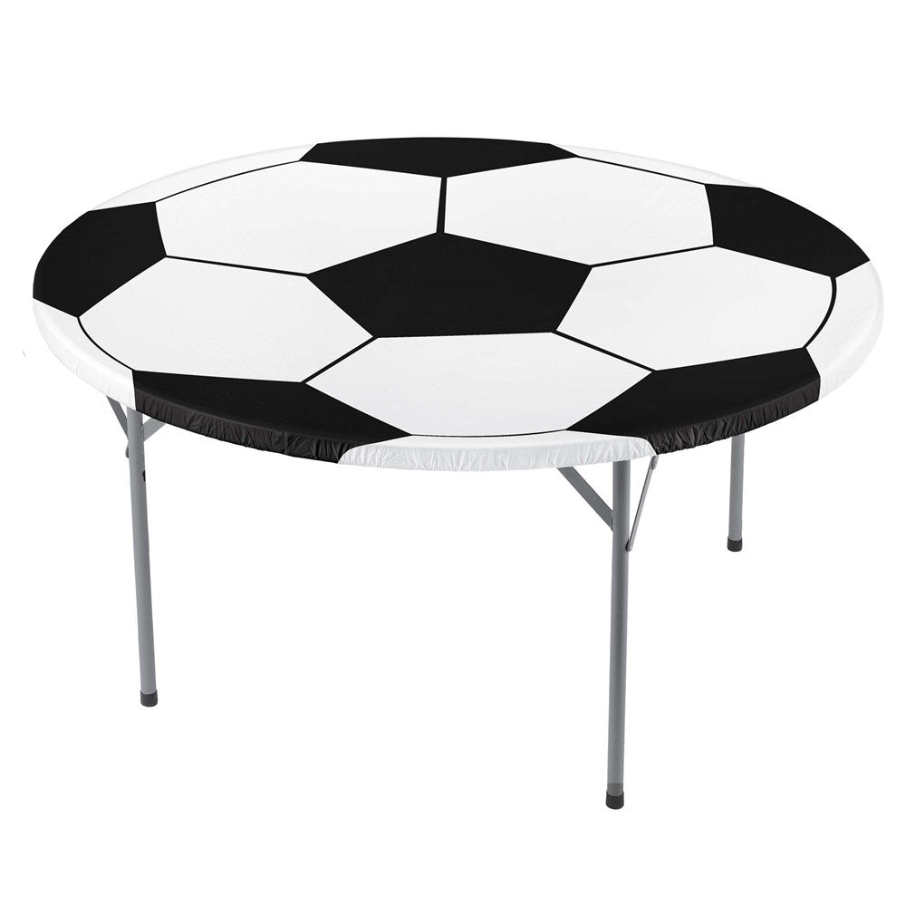Round table cover designed like a black and white soccer ball pattern on a folding table.