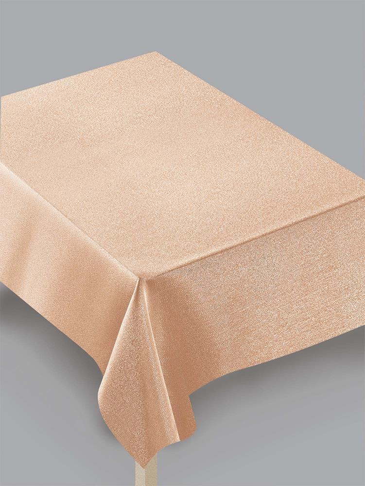 Rectangular rose gold metallic tablecover with smooth, shimmering fabric draped over a table.