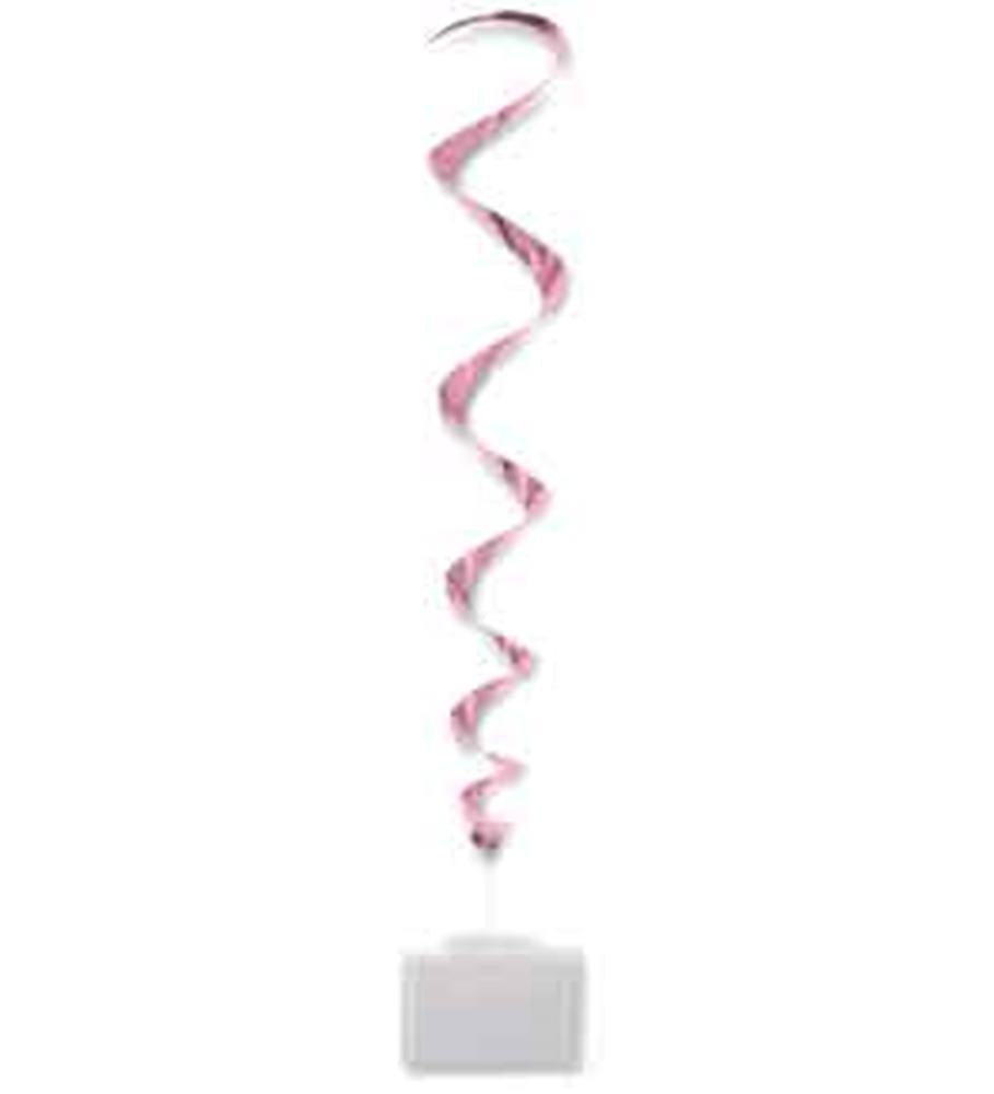White plastic card holder base with a thin pink and white spiral hanging decoration attached.