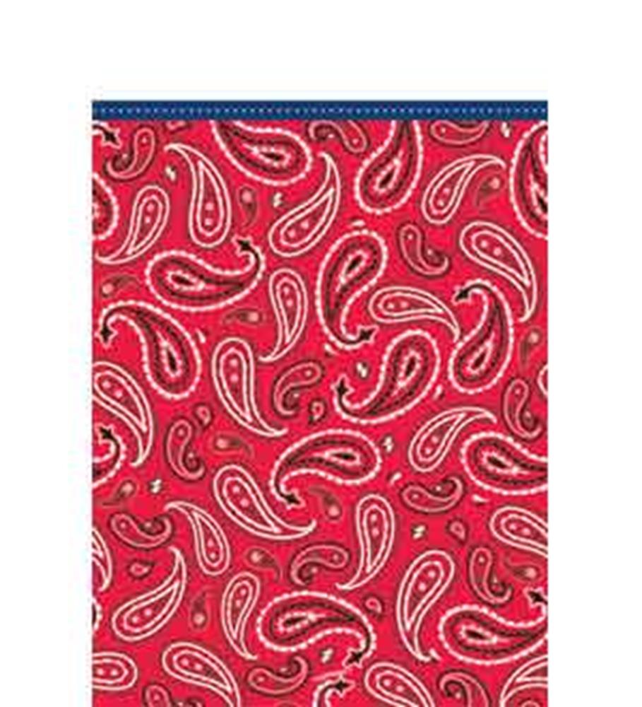 Red fabric tablecover with classic white paisley bandana print and blue stitched border.
