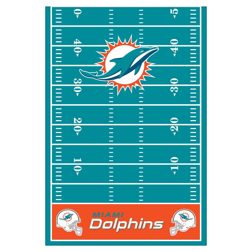 Rectangular plastic table cover designed like a teal football field with white yard lines, a large Miami Dolphins logo at.