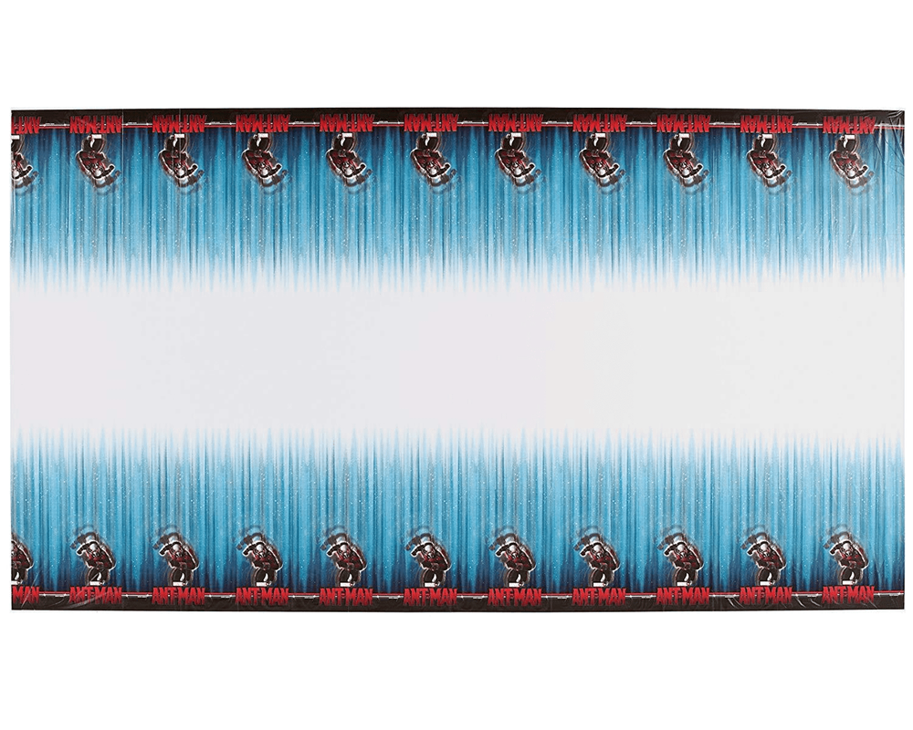 Rectangular tablecover with Ant-Man graphic design featuring blue fringe edges and repeated Ant-Man helmet icons on black.