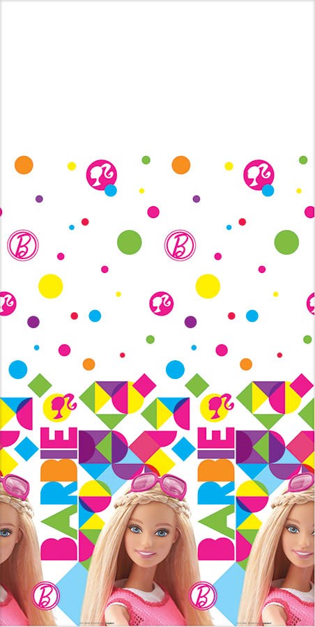 Barbie Sparkle tablecover with colorful polka dots and geometric border featuring Barbie images and text.