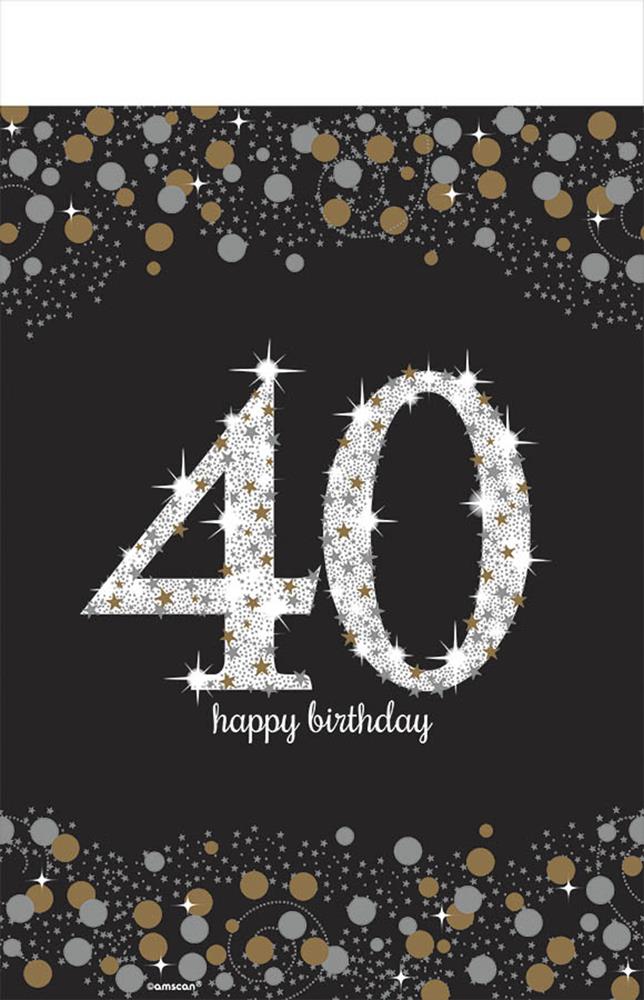 Black table cover with sparkling silver "40" and "happy birthday" text, decorated with gold and silver confetti designs.