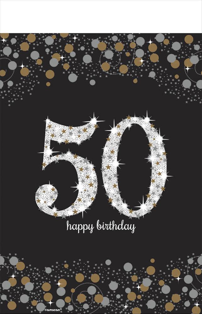 Black tablecover with large sparkling silver and gold "50" and "happy birthday" text surrounded by silver and gold confetti.