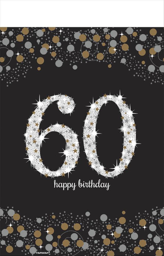 Black tablecover with large sparkling silver "60" and white "happy birthday" text, decorated with gold and silver confetti.
