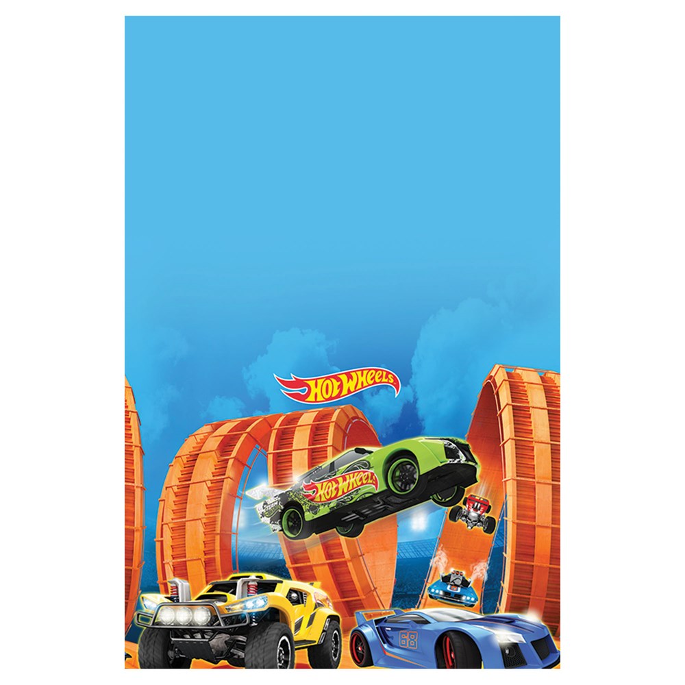 Blue rectangular plastic tablecover with Hot Wheels logo and three colorful race cars speeding through orange loop tracks.