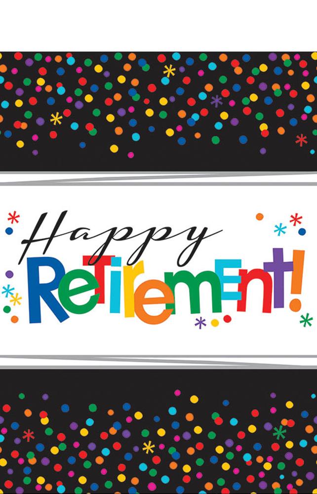 Rectangular black tablecover with colorful confetti border and "Happy Retirement!" in multicolored bold letters on white.