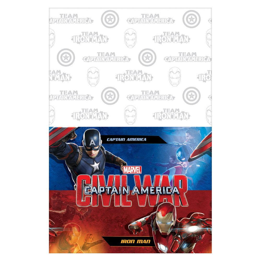 Rectangular plastic tablecover with Captain America and Iron Man graphics, red and blue color scheme, 54x96 inches.