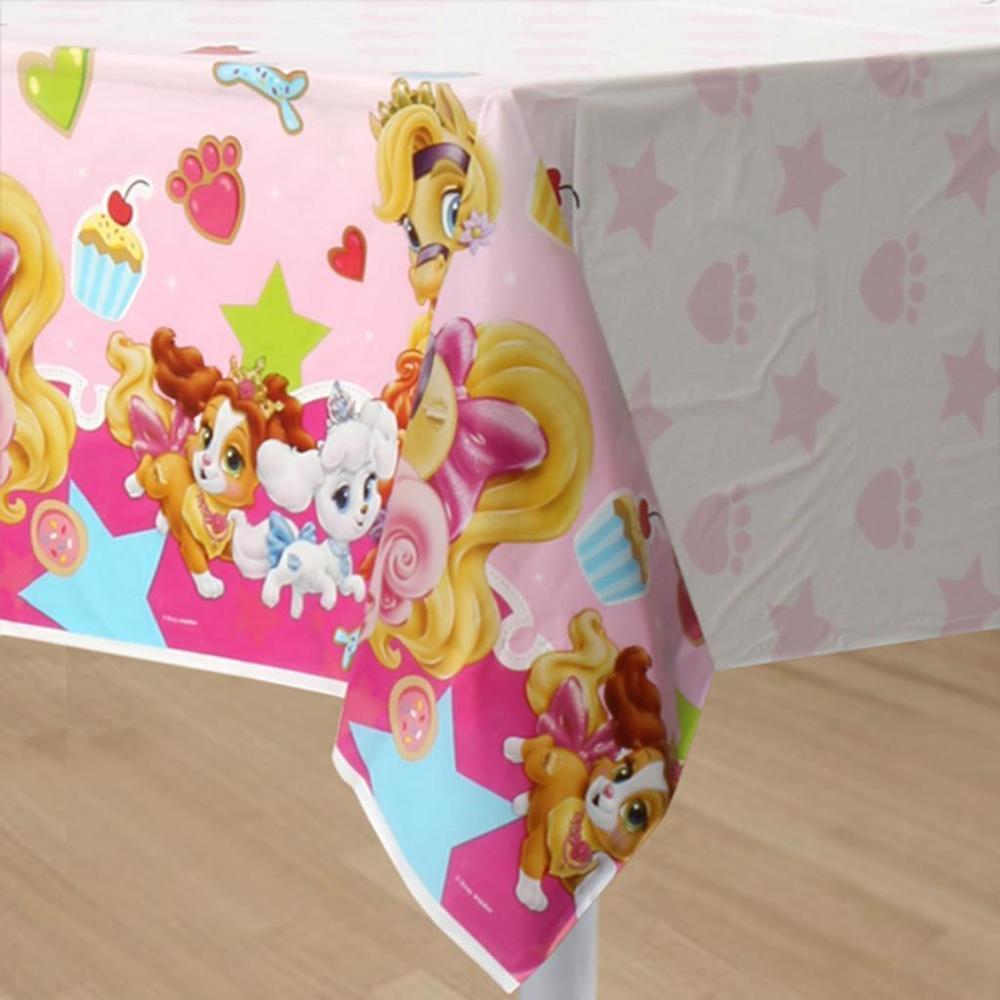 Pink plastic tablecover with Disney Palace Pets characters, cupcakes, stars, and paw prints design.
