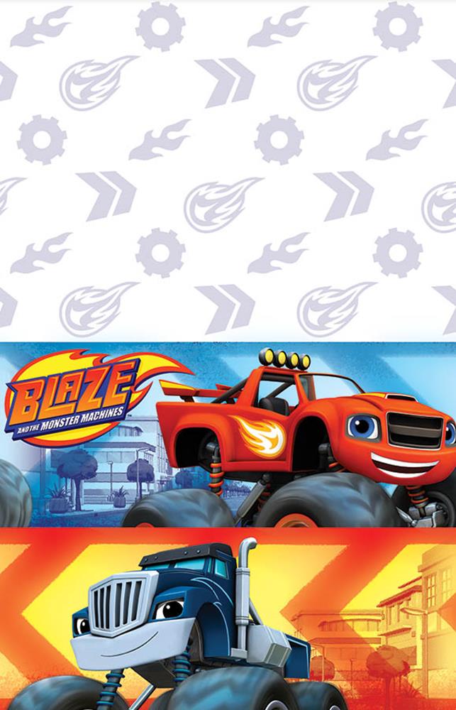 Blaze Monster Machines tablecover with red and blue monster trucks on colorful background, 54x96 inches.