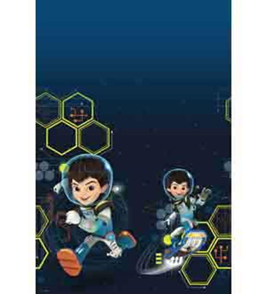 Dark blue rectangular tablecover featuring two cartoon boys in astronaut suits and yellow hexagonal patterns.