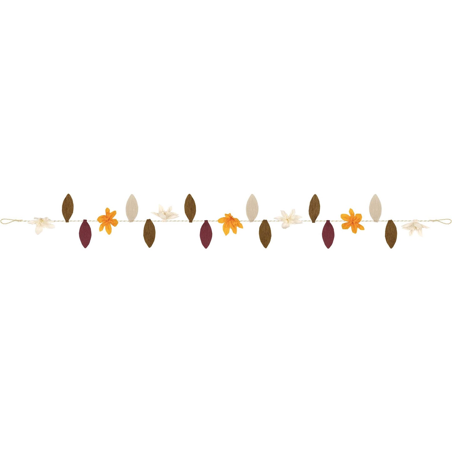 6ft crepe paper garland with autumn leaves and flowers in brown, burgundy, orange, and cream colors.