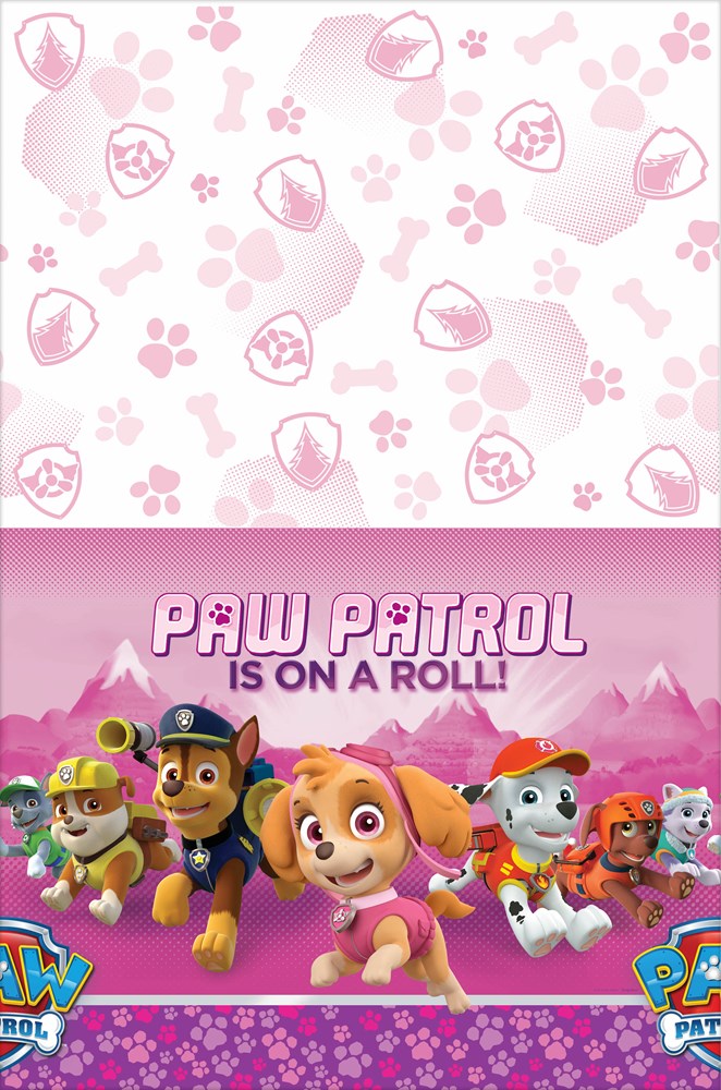 Pink kid’s table cover with light paw prints and shield icons on top, and colorful Paw Patrol characters with “Paw Patrol is