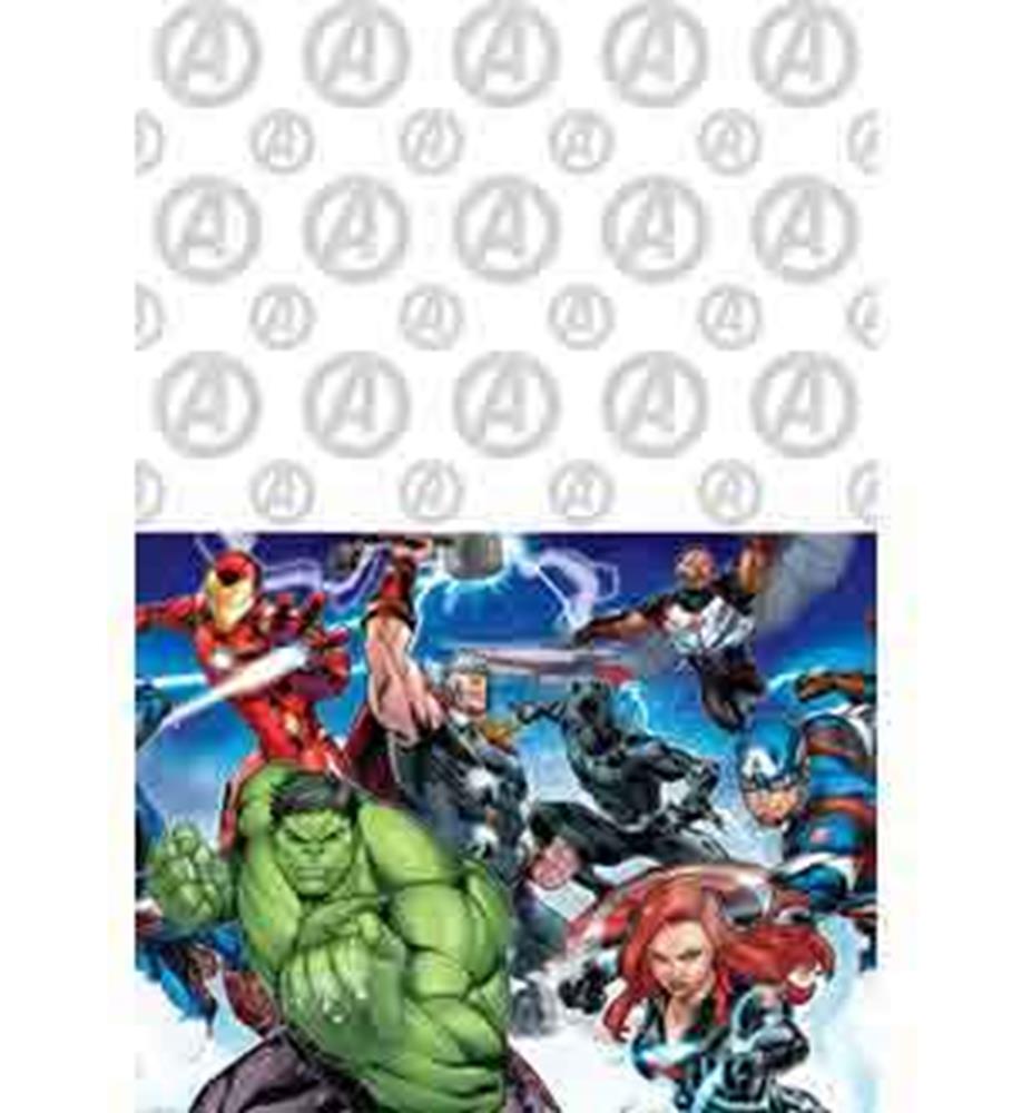 Avengers-themed tablecover with Hulk, Iron Man, Thor, Black Panther, Captain America, and Black Widow on blue background.