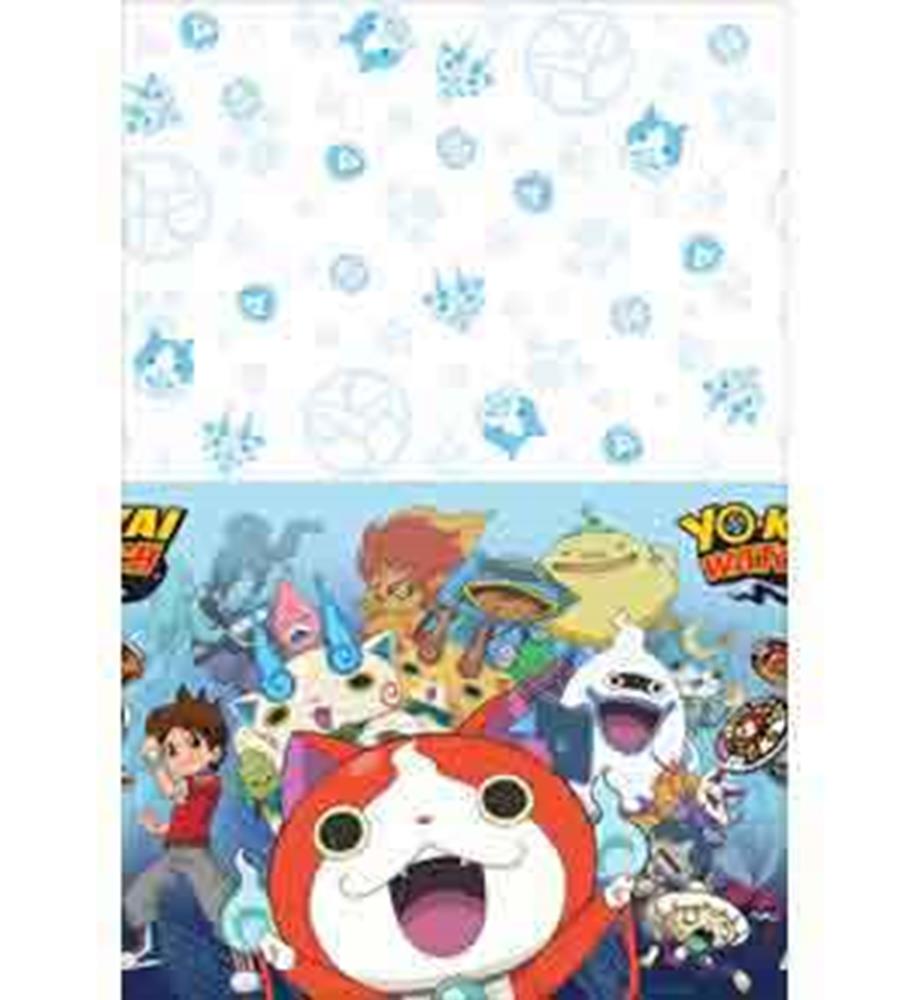 Yokai Watch-themed rectangular tablecover with colorful characters on blue background and white upper half with light blue.