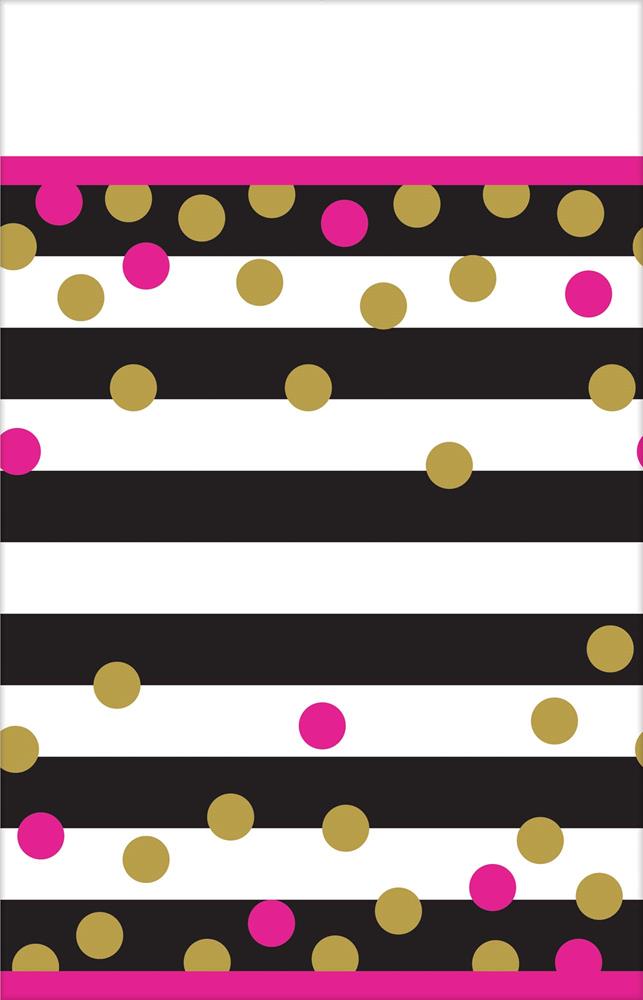 Tablecover with black and white stripes and scattered pink and gold polka dots.