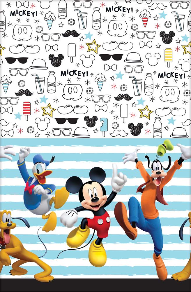 White tablecover with repeating black line art of Mickey Mouse faces, glasses, stars, and snacks on top; bottom half.