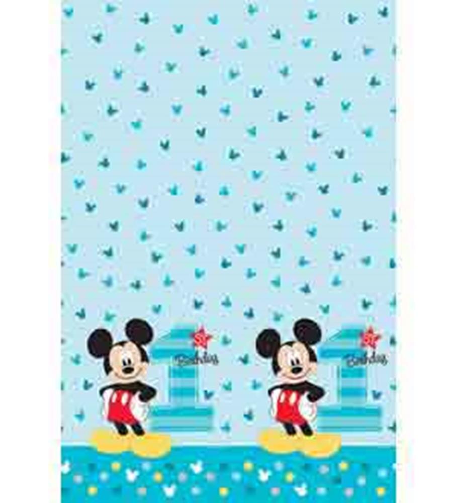 Light blue rectangular tablecover with repeating small teal Mickey Mouse head silhouettes and two large Mickey Mouse.