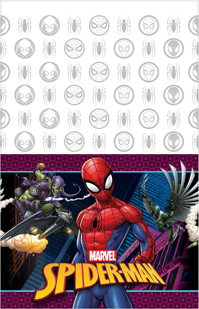 Spiderman Webbed Wonder table cover with Spiderman, villains, and Marvel logo on purple and black background.