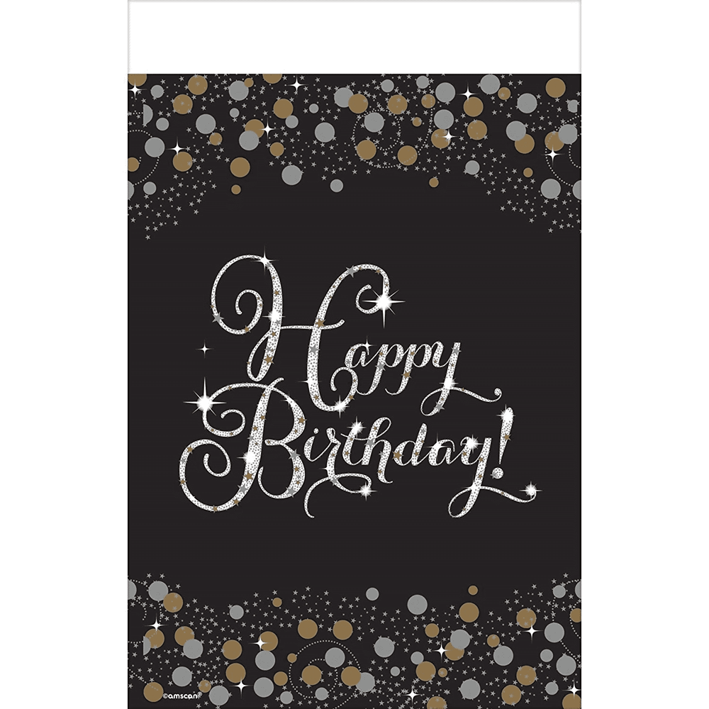 Black plastic tablecover with gold confetti dots and "Happy Birthday!" in gold script text.