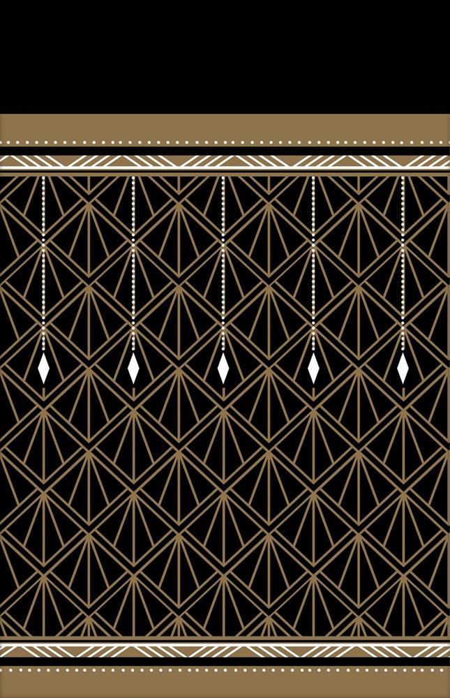 Black rectangular tablecover with gold geometric Art Deco patterns and gold border trim.