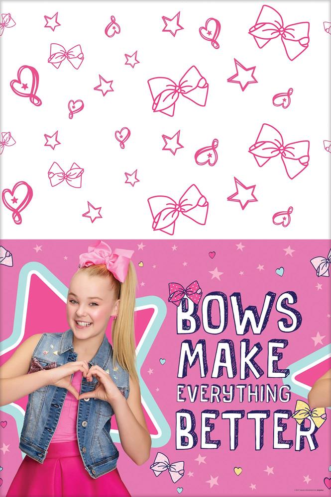 Jojo Siwa-themed tablecover with pink bows, stars, hearts, and a photo of Jojo Siwa on a white and pink background.