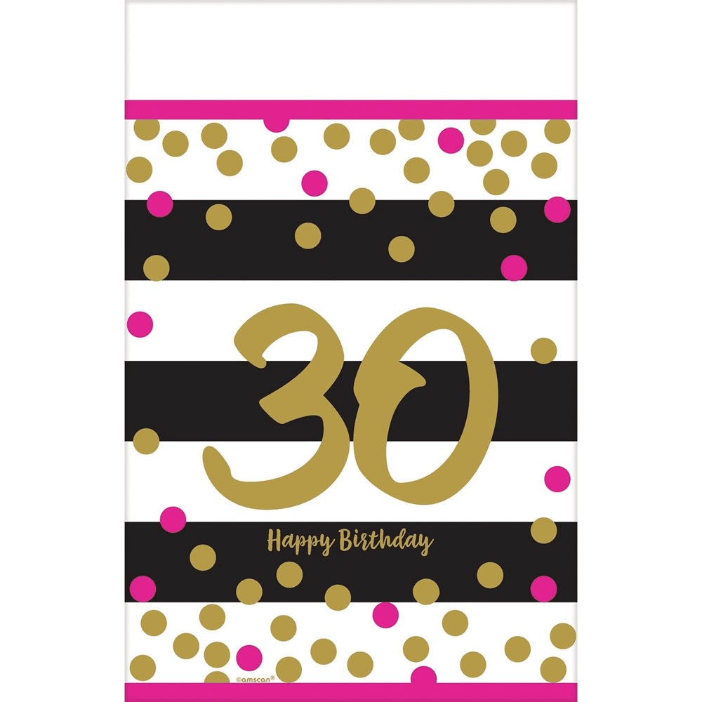 Black tablecover with large pink-gold "30" and scattered pink and gold confetti dots.