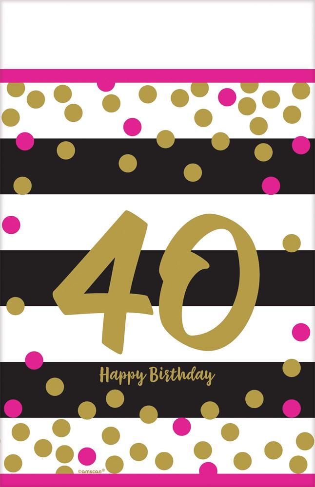 Tablecover with black, white, and pink stripes, gold and pink confetti, and large gold "40" with "Happy Birthday" text.