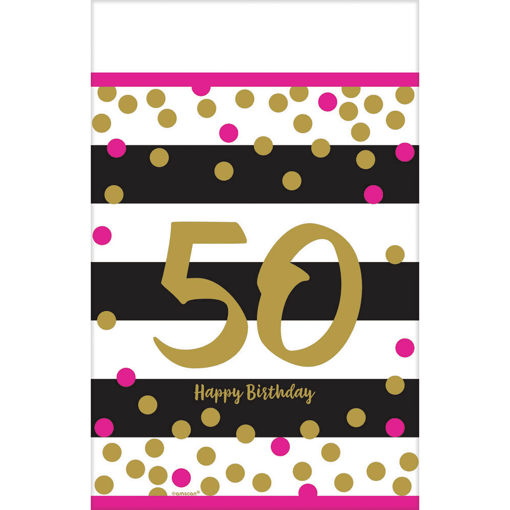 Black tablecover with large gold "50" and pink and gold confetti dots, "Happy Birthday" text in gold.