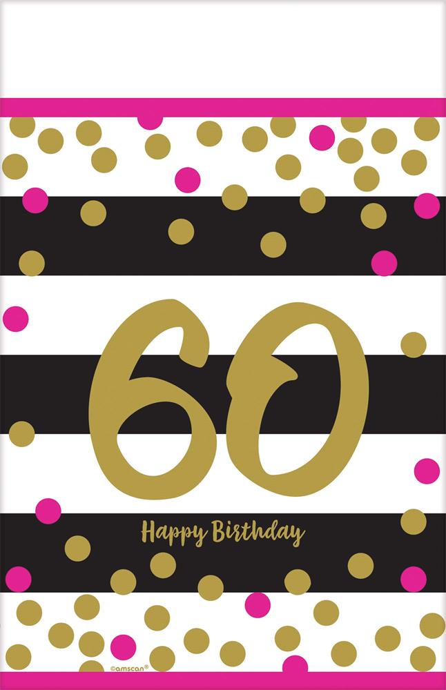 Tablecover with black and white stripes, pink and gold polka dots, gold "60" and "Happy Birthday" text.