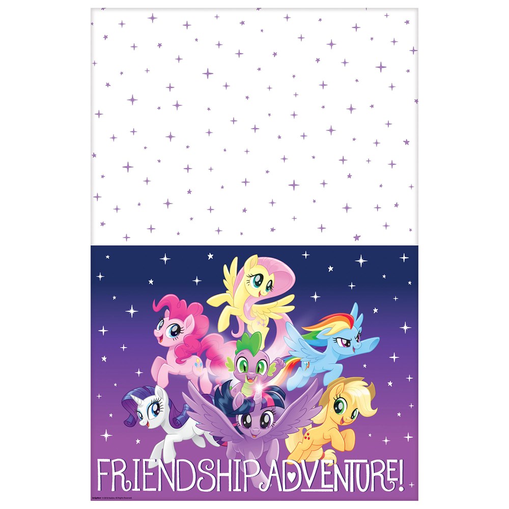 My Little Pony tablecover with colorful characters on a starry purple background and "Friendship Adventure!" text.