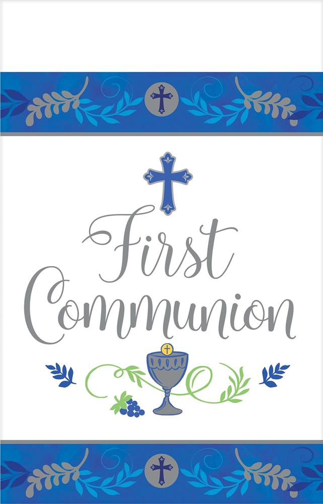 White rectangular tablecover with blue border featuring gold cross and leaf designs, central text "First Communion" in.