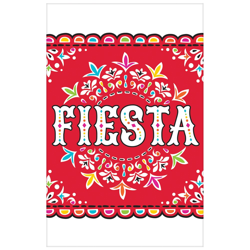 Red rectangular tablecover with colorful floral patterns and the word "Fiesta" in bold white decorative letters centered.