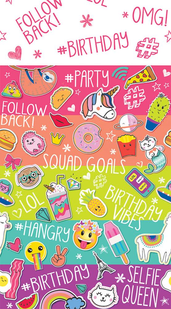 Colorful birthday tablecover with vibrant selfie emojis, social media icons, and phrases like "Follow Back!" and "#Birthday.