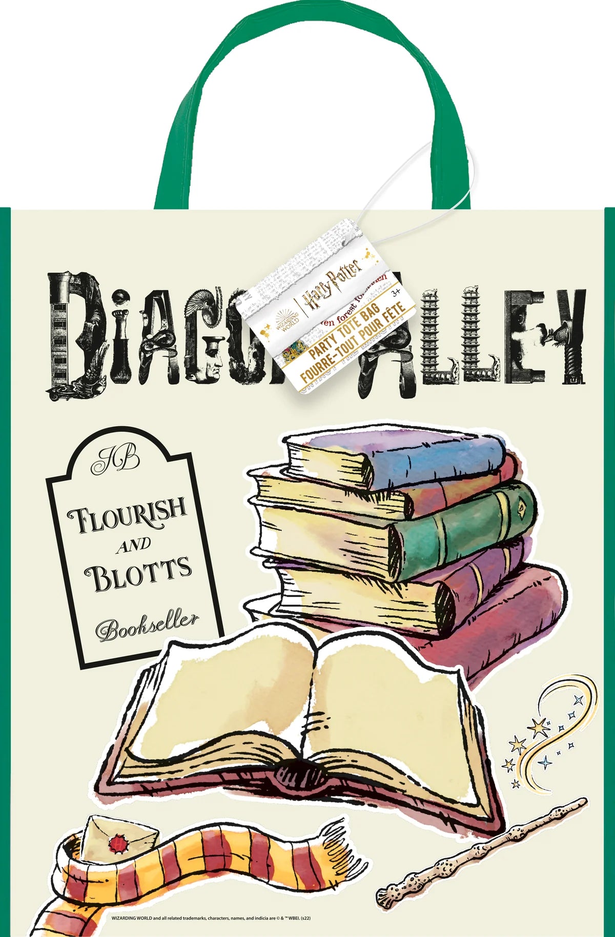 Beige canvas tote bag with green handles featuring a colorful stack of books, an open book, and "Diagon Alley" text in.