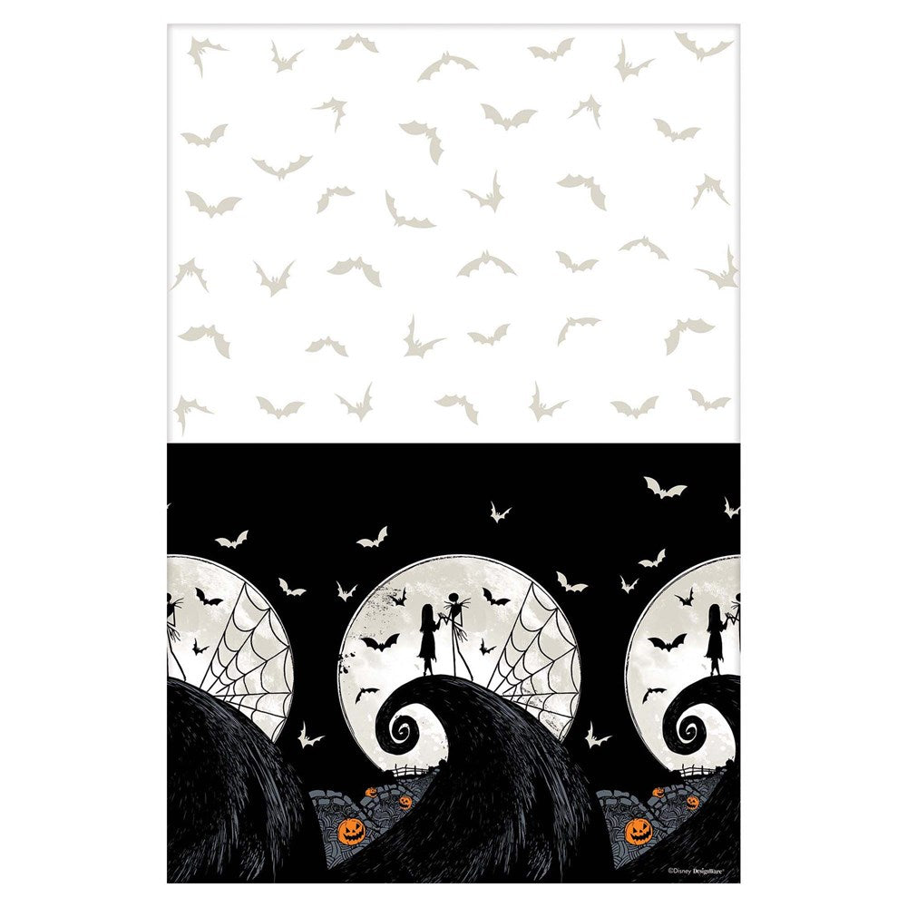 54x96 inch plastic table cover with black and white Nightmare Before Christmas scenes and flying bats pattern.