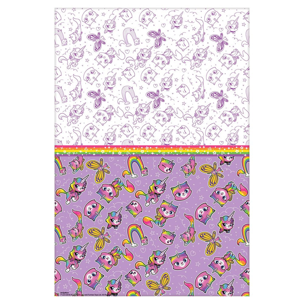 Purple and white rectangular tablecover with rainbow unicorns, butterflies, flowers, and stars pattern.