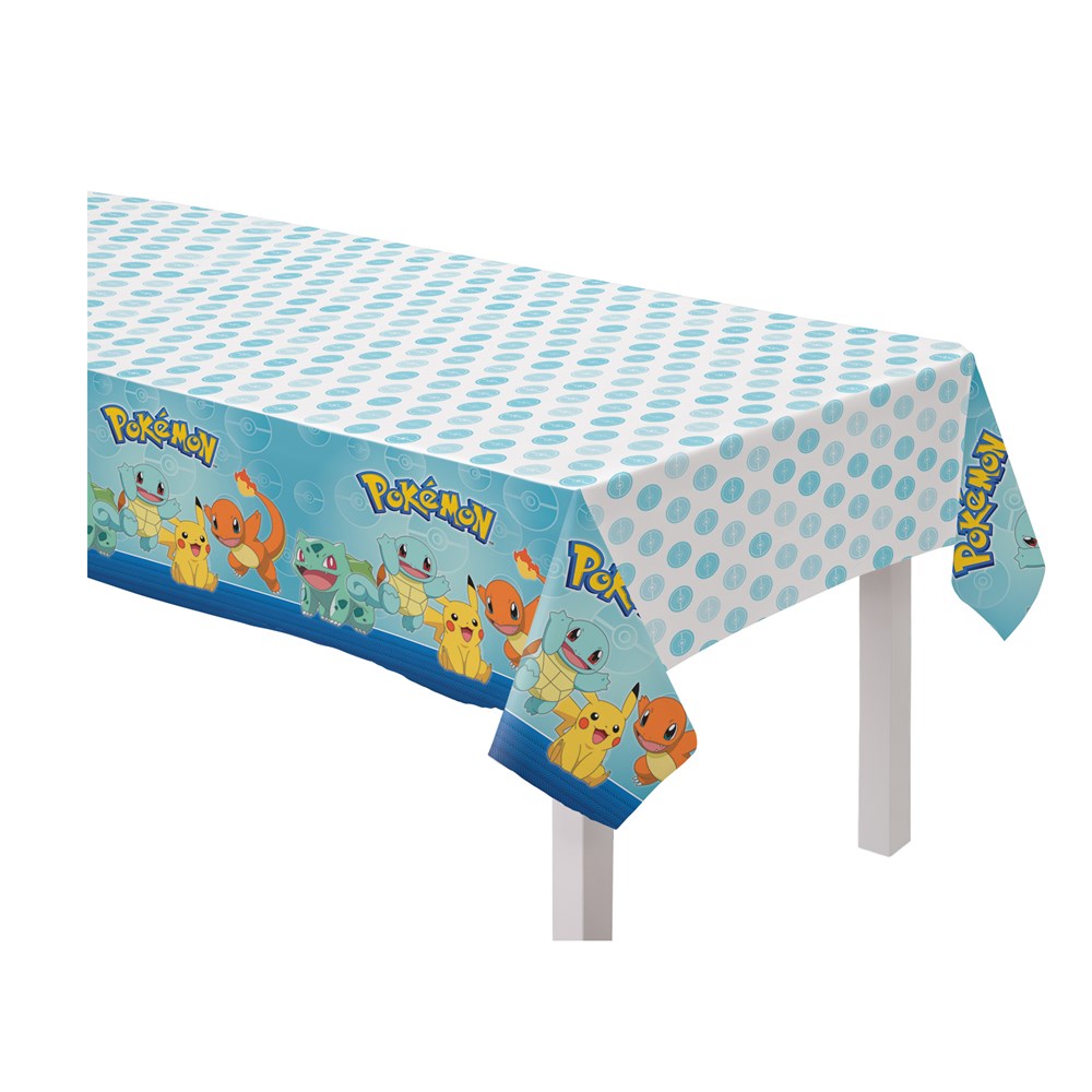 Blue plastic tablecover with Pokémon characters Pikachu, Charmander, Bulbasaur, and Eevee along the sides and polka dot.