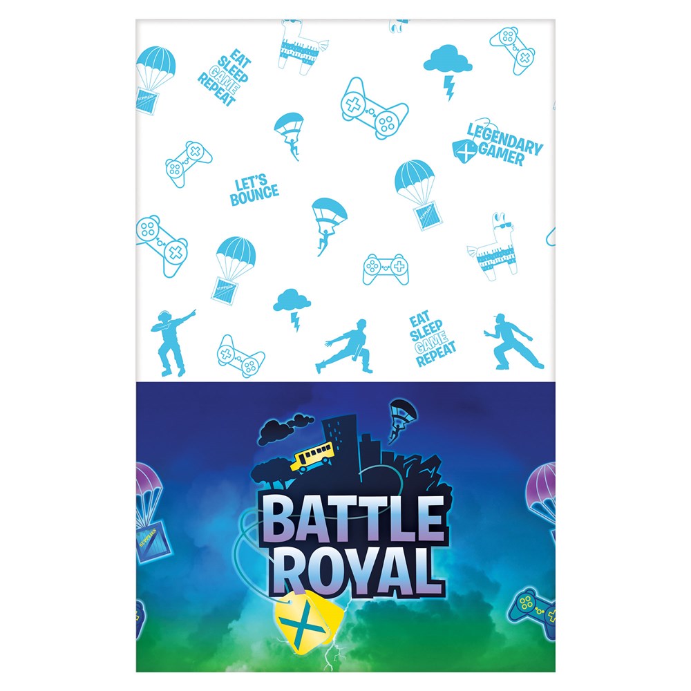 Battle Royal tablecover with blue and white superhero icons and bold “Battle Royal” text on dark background.