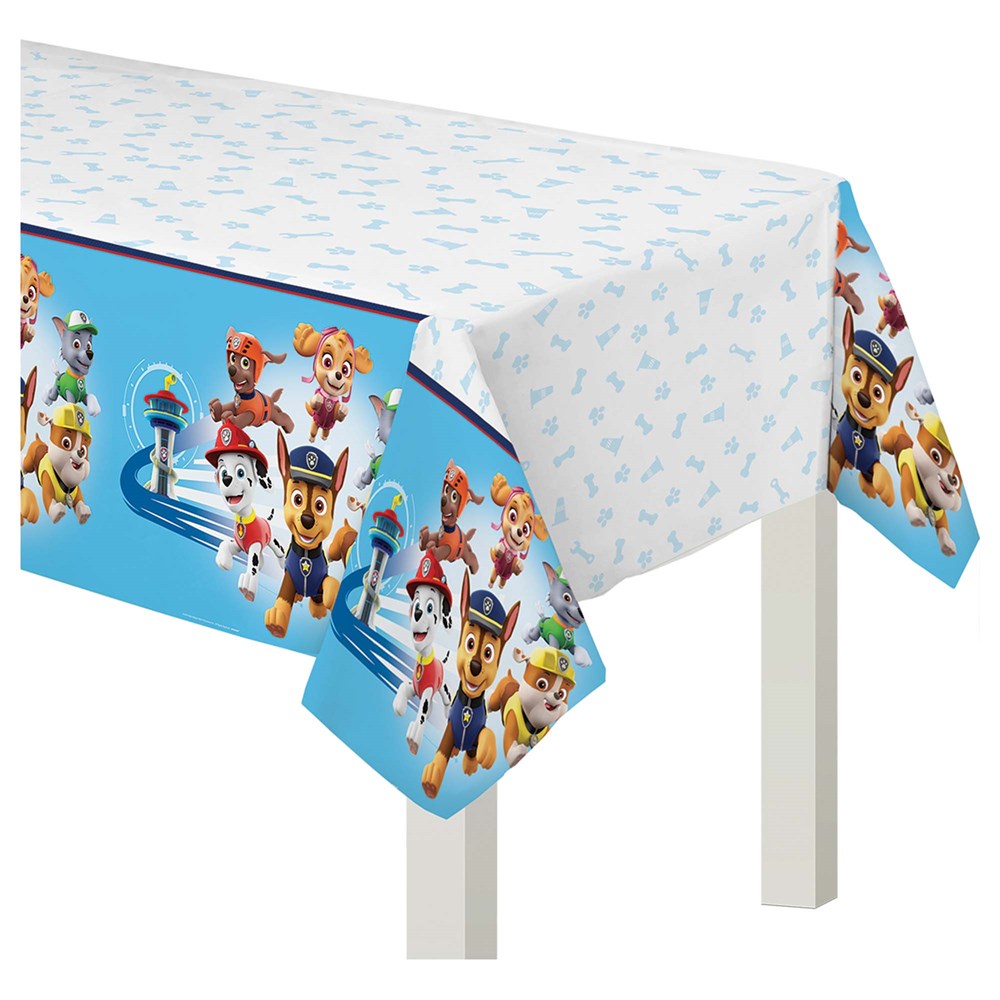 Rectangular plastic tablecover with Paw Patrol characters on blue and white background, 54x96 inches.