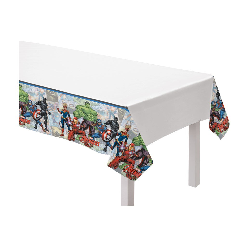 White rectangular plastic tablecover with a colorful Marvel superhero border featuring Captain America, Hulk, Thor, and Iron