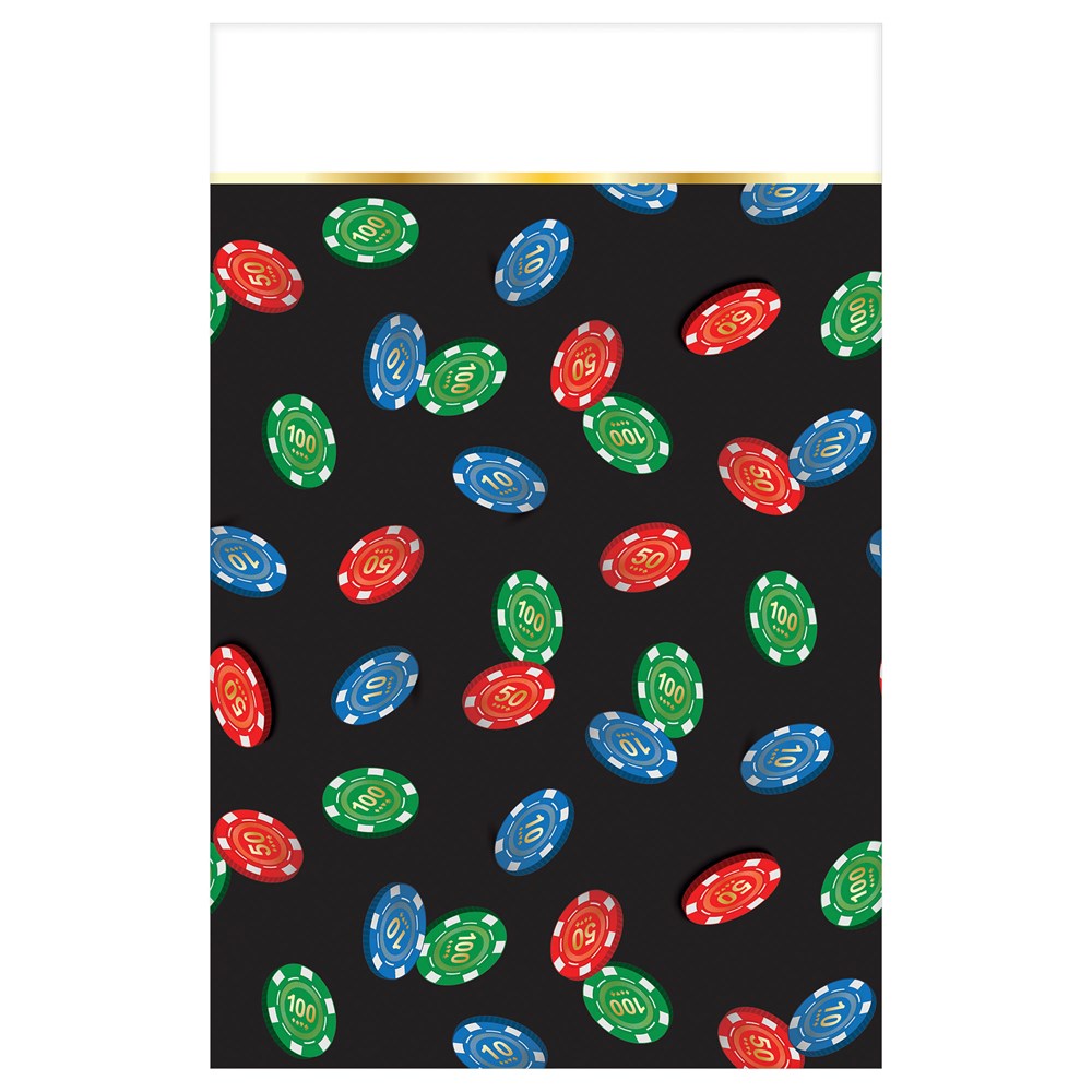 Black rectangular tablecover with scattered red, green, and blue casino poker chips pattern.