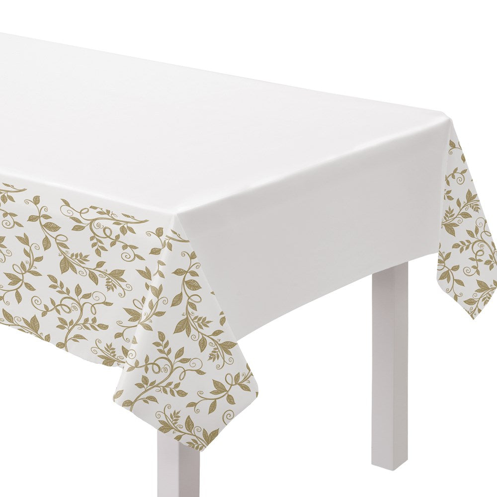 White rectangular plastic table cover with gold floral border and "Happy 50th Anniversary" text design.
