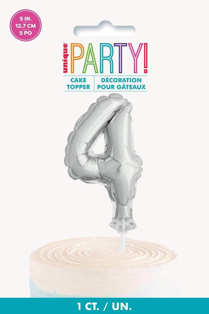 Decoración para tarta con globo de lámina plateada de 5.0 in, número 4