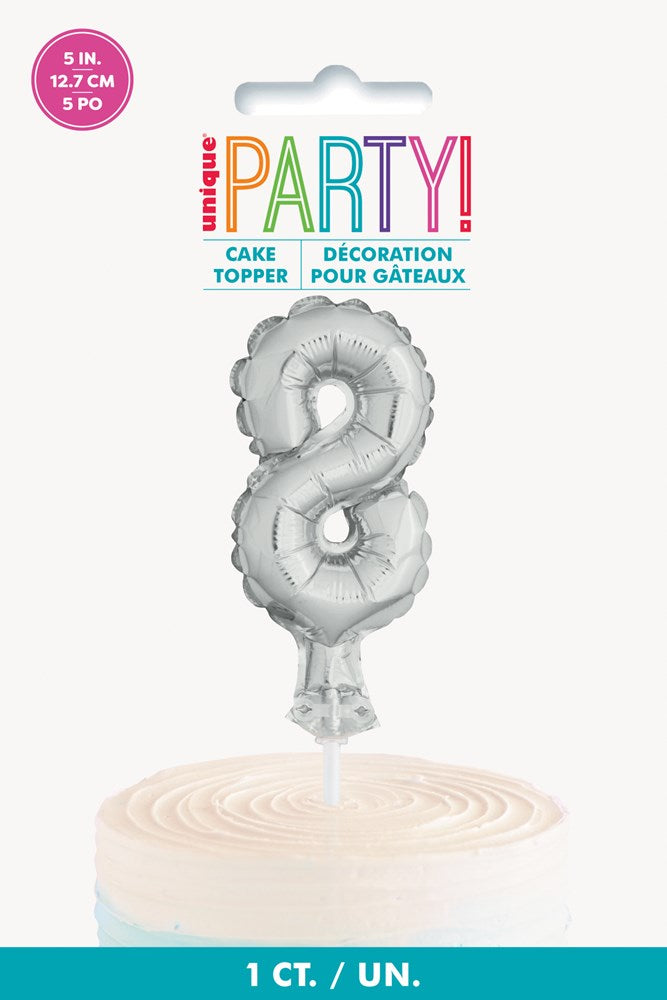 Small silver foil balloon shaped as the number 8 with a stick for cake decoration.