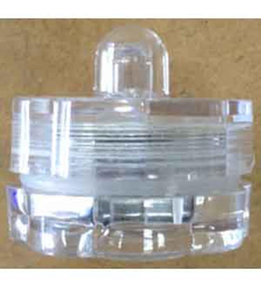 Transparent round LED light with a ribbed design and a small raised dome on top.